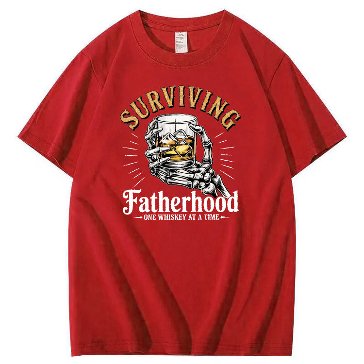 Fatherhood One Whiskey At A Time Pattern Print 100%Cotton T-Shirt