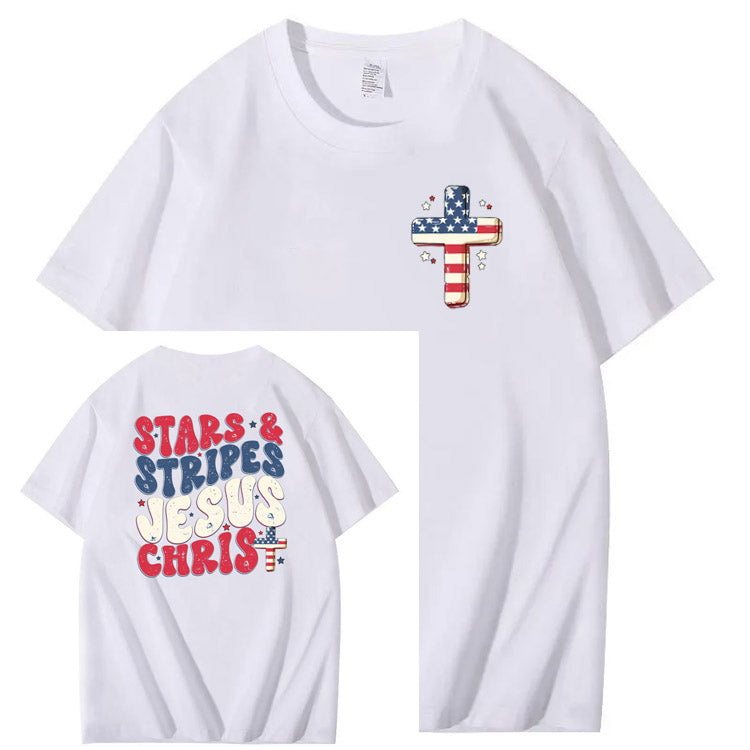 Independence Day Stars&Stripes Jesus Chirs Pattern Print T-Shirt