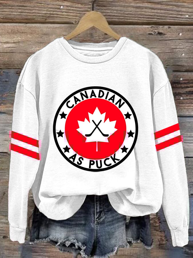 Women's Canadian Hockey Print Crew Neck Long Sleeve Sweatshirt