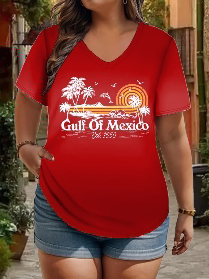 Women's Plus Size Gulf Of Mexico Print V-Neck T-Shirt