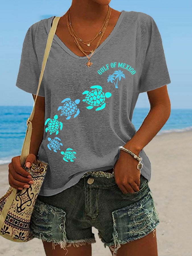 Women's Gulf Of Mexico Print V Neck Casual T-Shirt