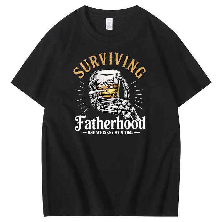 Fatherhood One Whiskey At A Time Pattern Print 100%Cotton T-Shirt
