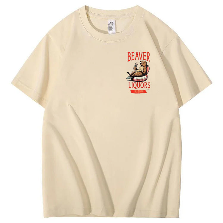 Beaver Pattern Print Crew Neck T-Shirt