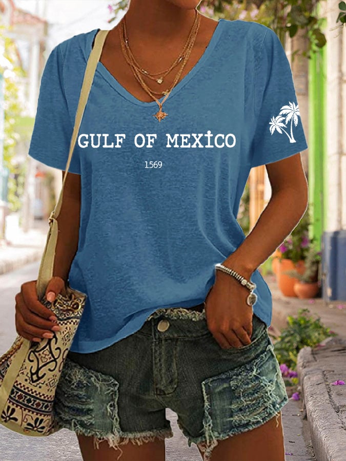 Women's Gulf Of Mexico Print V Neck Casual T-Shirt