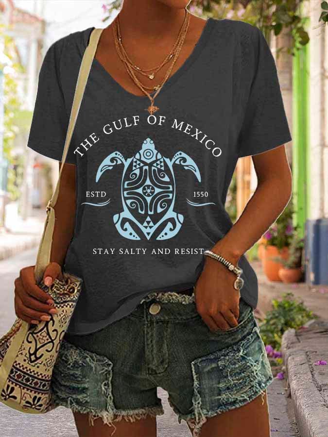 Women's Gulf Of Mexico Print V Neck Casual T-Shirt