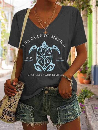 Women's Gulf Of Mexico Print V Neck Casual T-Shirt
