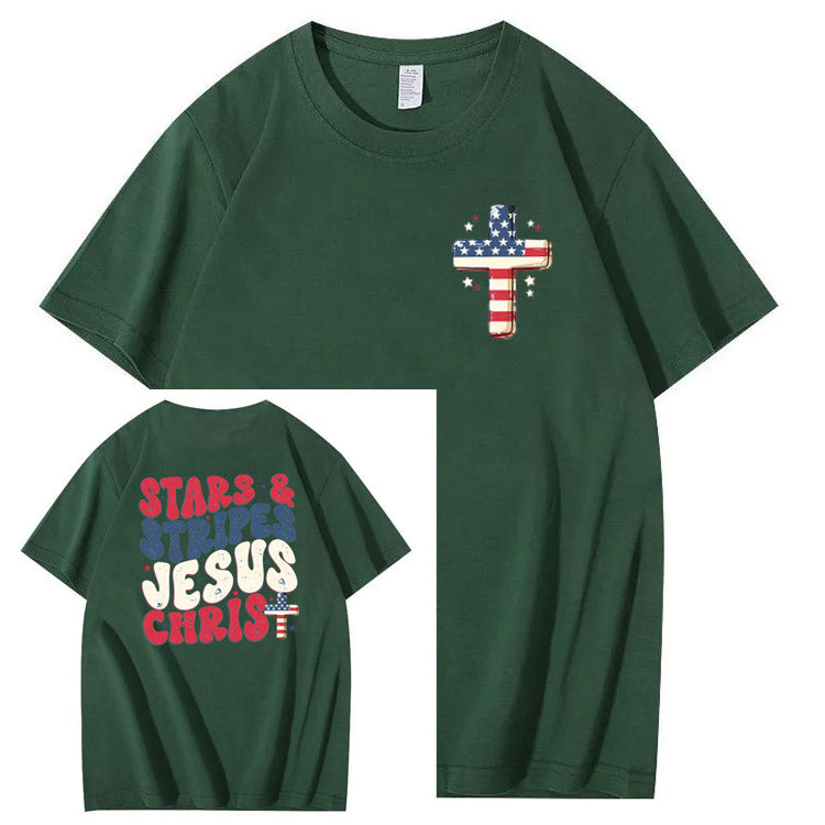 Independence Day Stars&Stripes Jesus Chirs Pattern Print T-Shirt