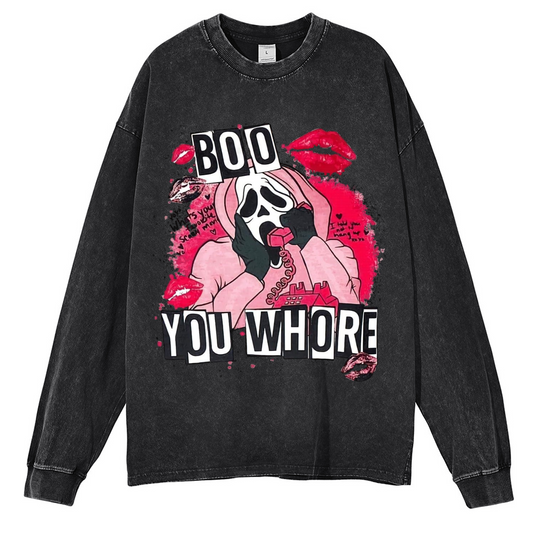 Boo You Who Are Unisex Washed Printed Round Neck Long Sleeve Sweatshirt