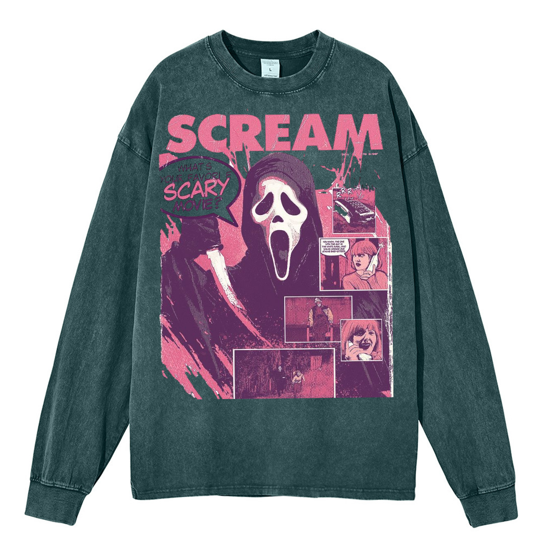 Scream Unisex Washed Printed Round Neck Sweatshirt