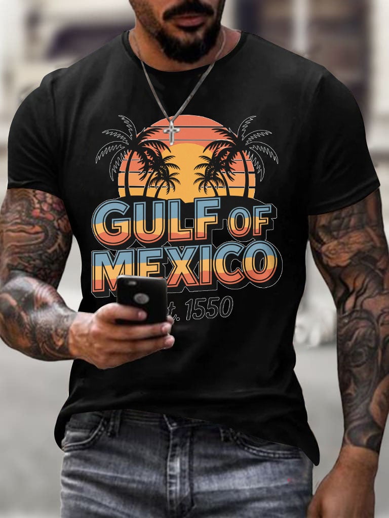 Men'S Retro Gulf Of Mexico Printed Casual Crew Neck T-Shirt