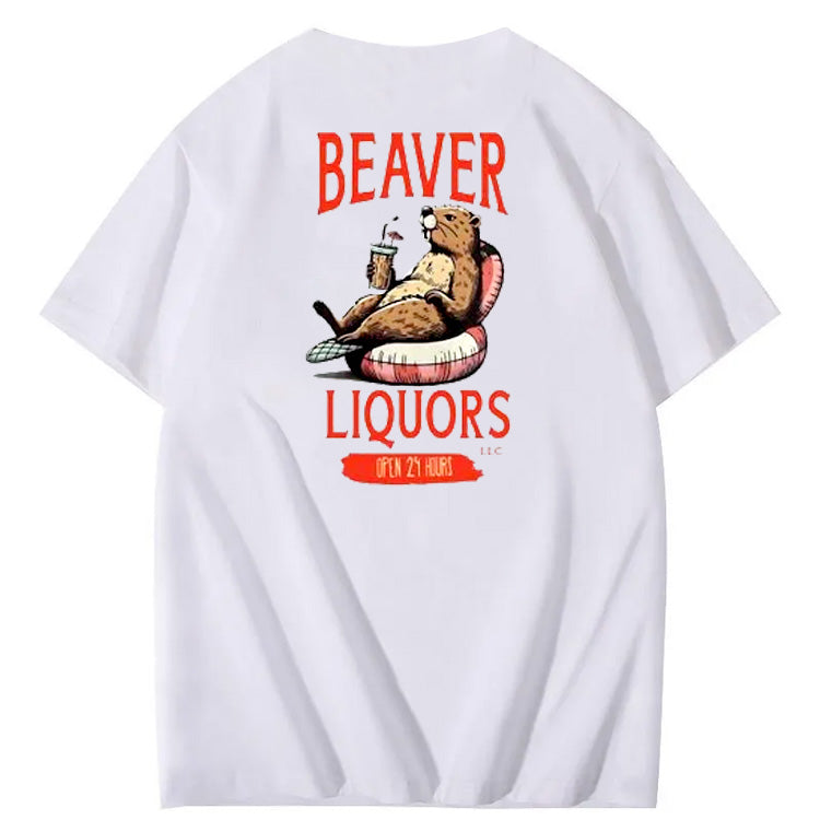 Beaver Pattern Print Crew Neck T-Shirt