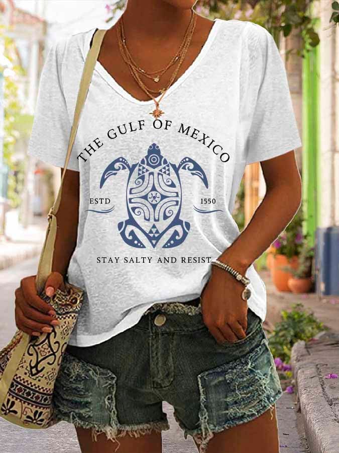Women's Gulf Of Mexico Print V Neck Casual T-Shirt