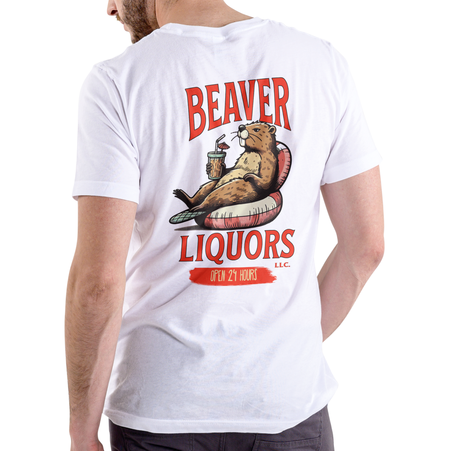 Beaver Pattern Print Crew Neck T-Shirt