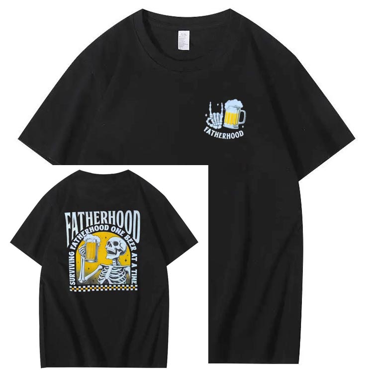 Fatherhood Skull And Beer Pattern Print Cotton T-Shirt