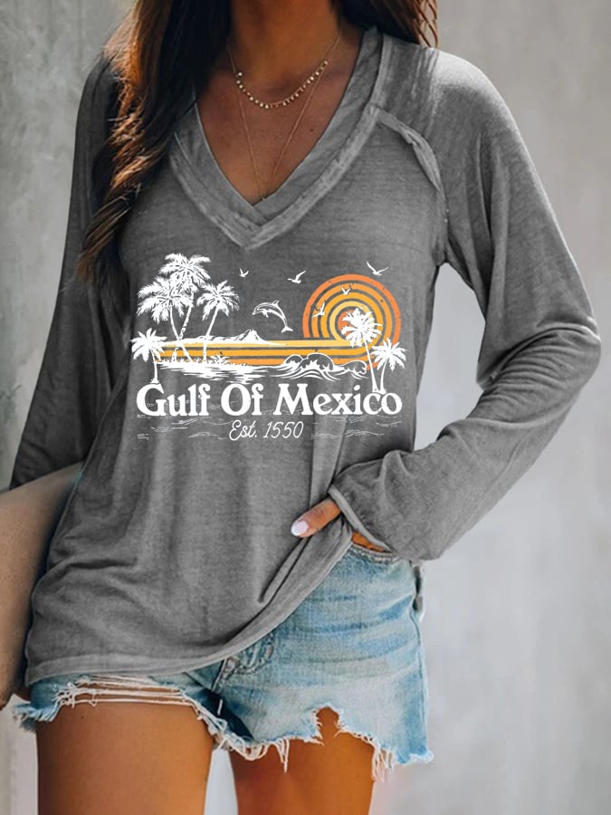 Women's Gulf Of Mexico Print V Neck T-Shirt