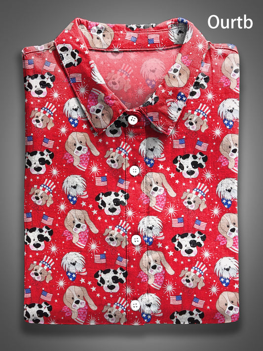 Dog Flag Red White Blue Abstract 1776 Freedom USA Independence Day Abstract Pattern Art Print Casual 100% Cotton Shirt