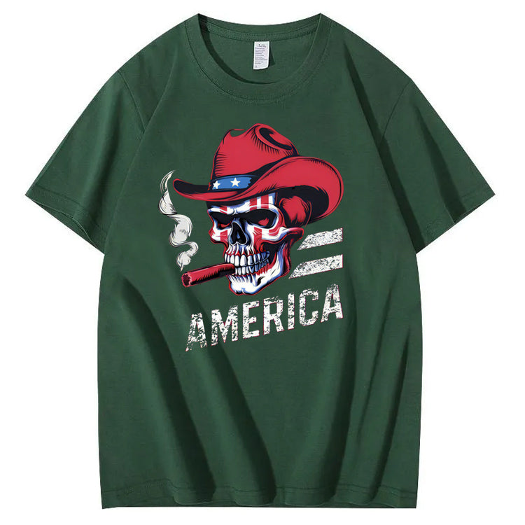 Independence Day Skull America Pattern Print 100%Cotton T-Shirt
