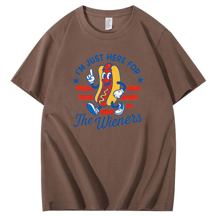 4th Of July Just Here For The Wieners Pattern Print Cotton T-Shirt