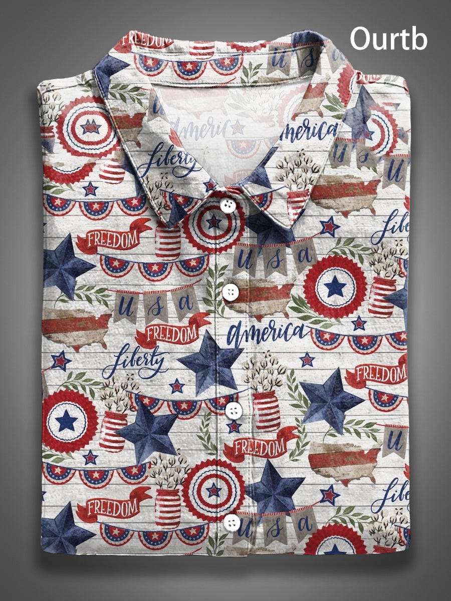 Abstract 1776 Freedom USA Independence Day Abstract Pattern Art Print Casual 100% Cotton Shirt