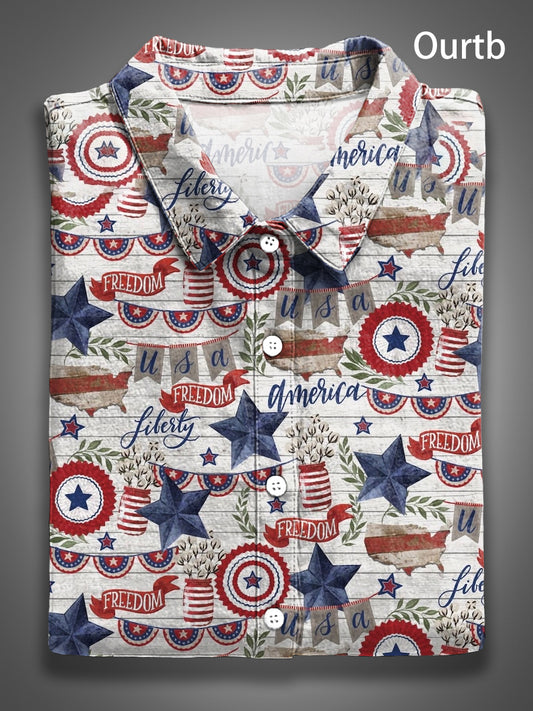 Abstract 1776 Freedom USA Independence Day Abstract Pattern Art Print Casual 100% Cotton Shirt