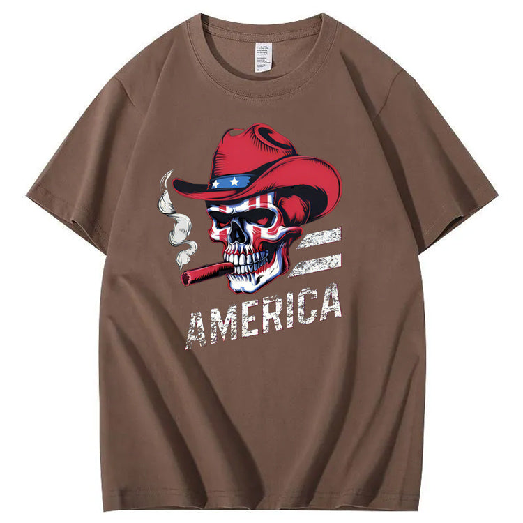 Independence Day Skull America Pattern Print 100%Cotton T-Shirt