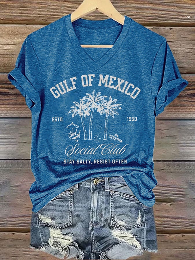 Women's Retro Gulf Of Mexico Social Club Stay Salty Resist Often Est 1550 Print T-Shirt