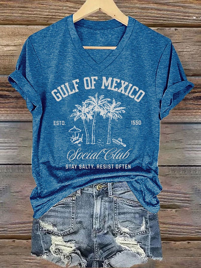 Women's Retro Gulf Of Mexico Social Club Stay Salty Resist Often Est 1550 Print T-Shirt
