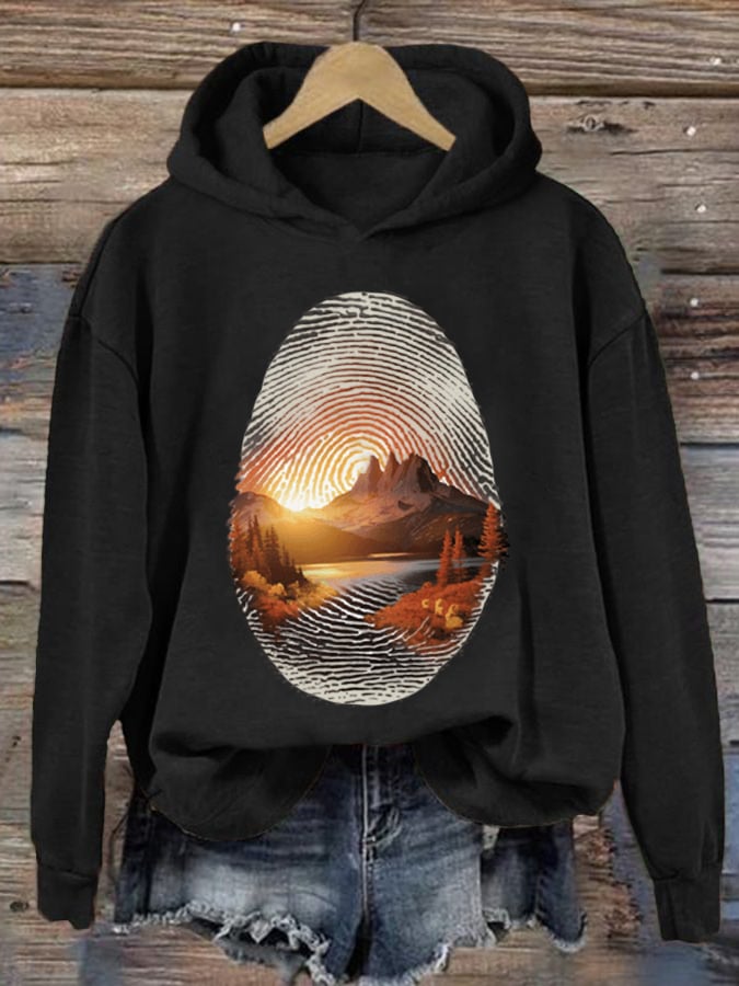 Women's Three Peaks Fingerprint Hiking Print Hooded Long Sleeve Sweatshirt