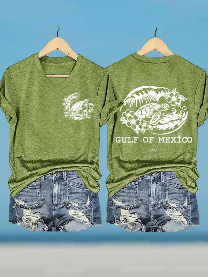 Women's Gulf Of Mexico Printed V Neck T-Shirt