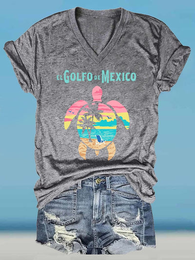 Women's Retro Golfo De Mexico Sea Turtle Print T-Shirt