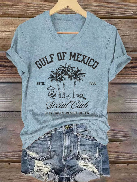 Women's Retro Gulf Of Mexico Social Club Stay Salty Resist Often Est 1550 Print T-Shirt