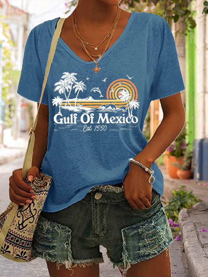 Women's Gulf Of Mexico Print V Neck Casual T-Shirt