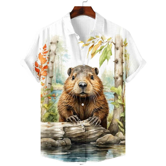 Watercolor Beaver Animal Vacation Summer Pattern Art Print Casual 100% Cotton Shirt