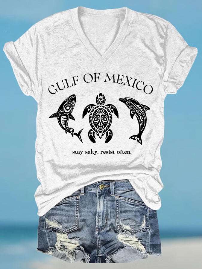 Women's Retro Gulf Of Mexico Stay Salty Resist Often Print T-Shirt