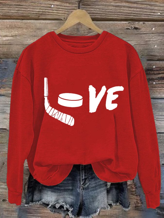 Women's Love Ice Hockey Print Round Neck Sweatshirt