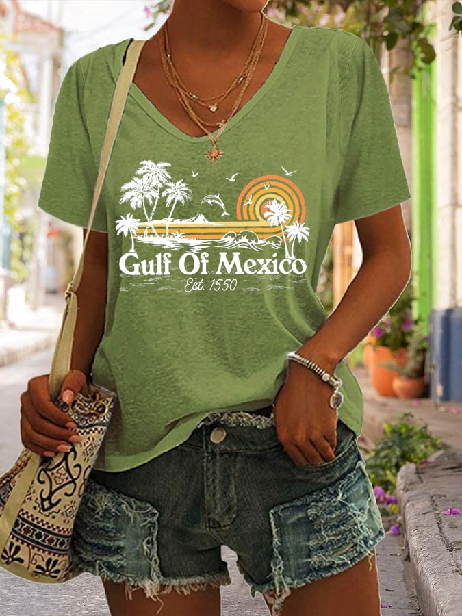 Women's Gulf Of Mexico Print V Neck Casual T-Shirt