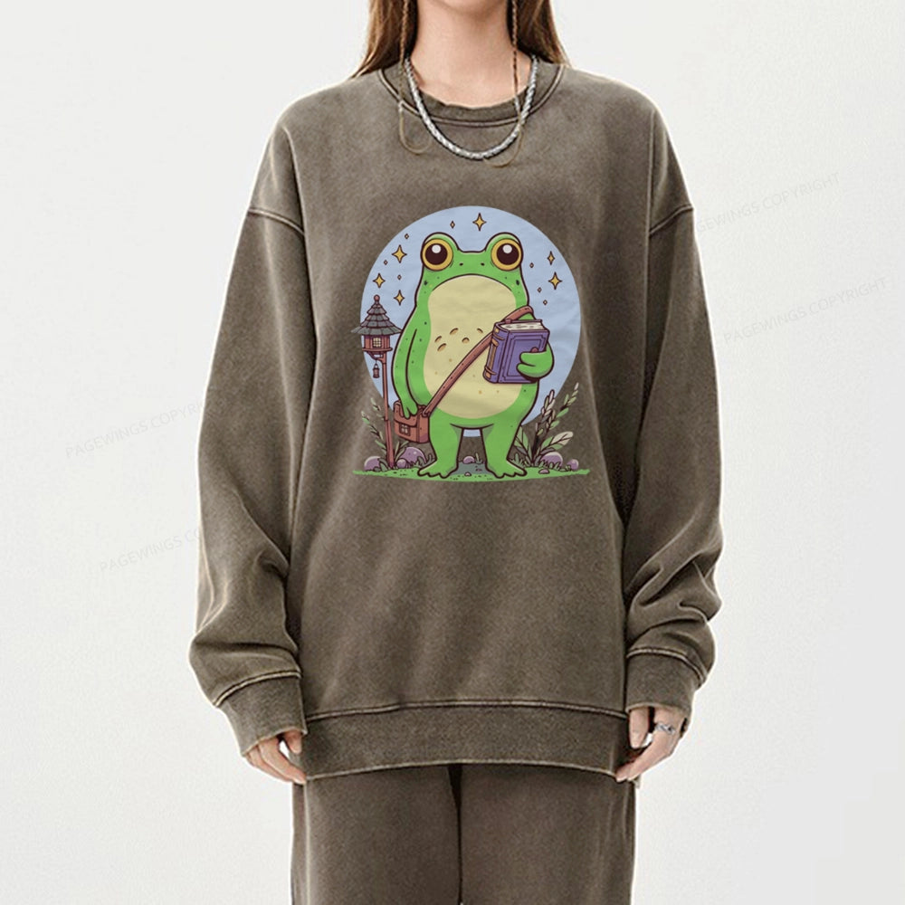Frog Reading Book Unisex Washed Sweatshirt