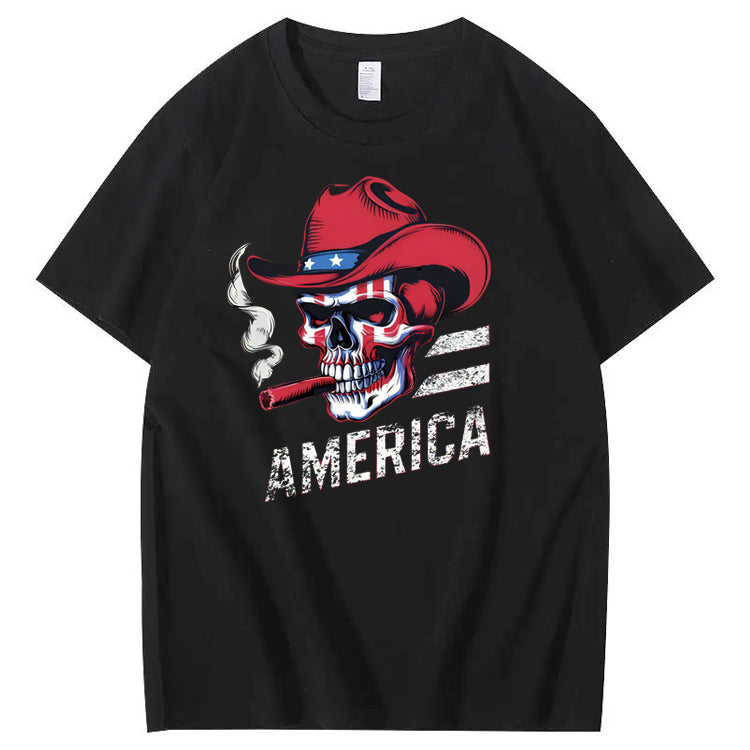 Independence Day Skull America Pattern Print 100%Cotton T-Shirt