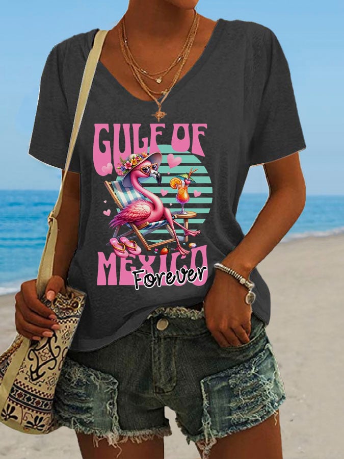 Women's Gulf Of Mexico Print V Neck Casual T-Shirt