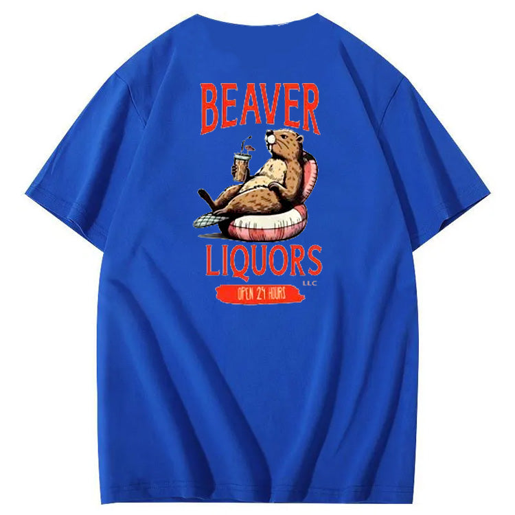 Beaver Pattern Print Crew Neck T-Shirt