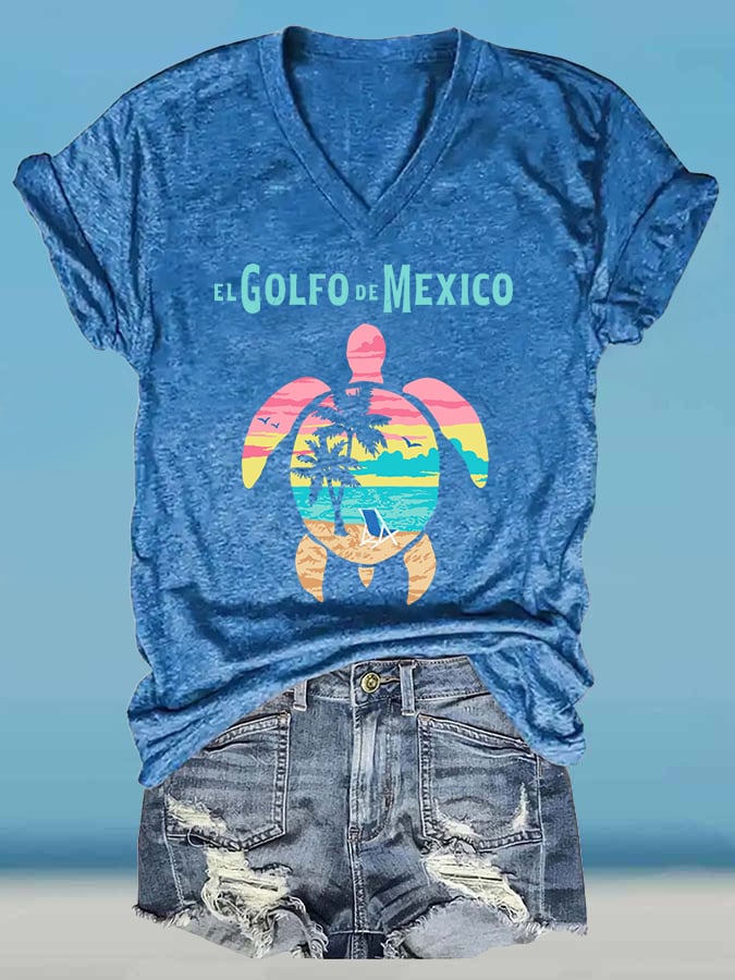 Women's Retro Golfo De Mexico Sea Turtle Print T-Shirt