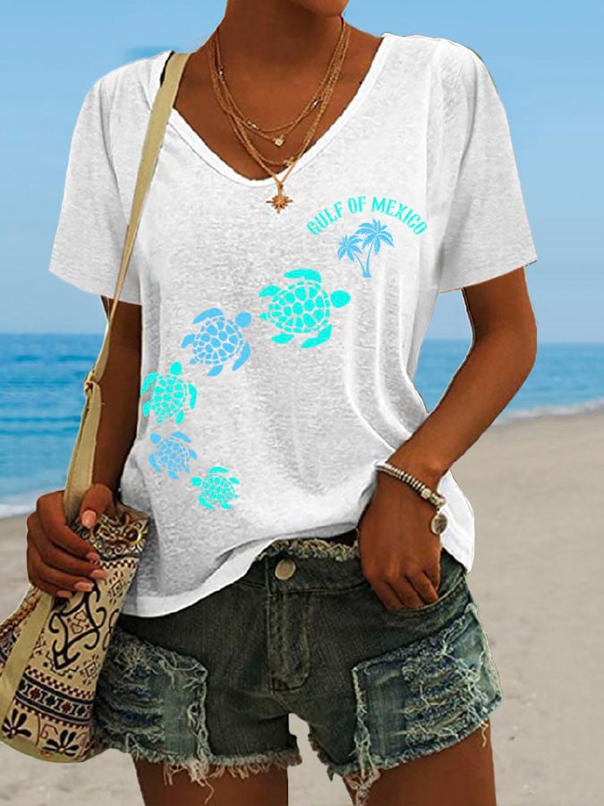 Women's Gulf Of Mexico Print V Neck Casual T-Shirt
