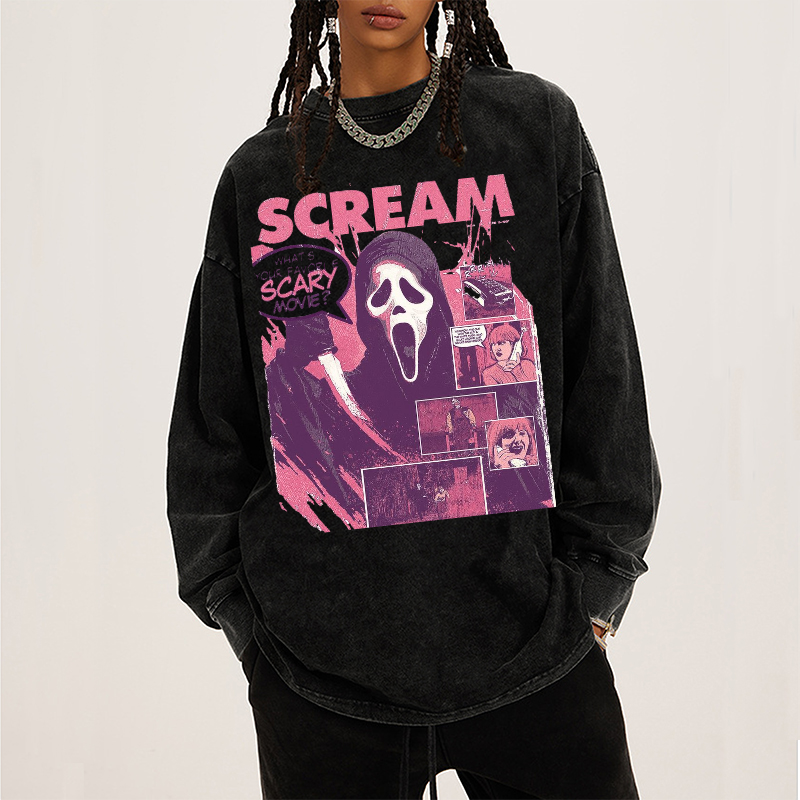 Scream Unisex Washed Printed Round Neck Sweatshirt