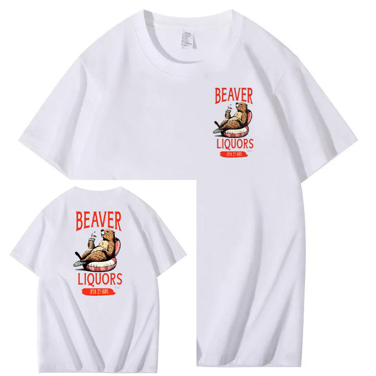 Beaver Pattern Print Crew Neck T-Shirt