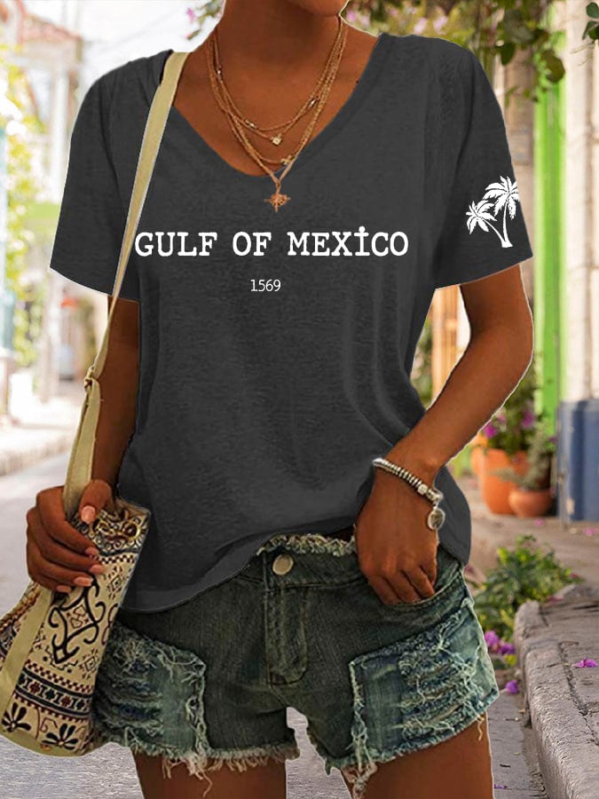 Women's Gulf Of Mexico Print V Neck Casual T-Shirt