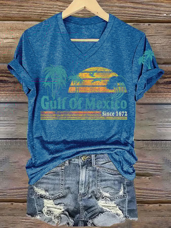 Women's Gulf Of Mexico Printed V Neck T-Shirt