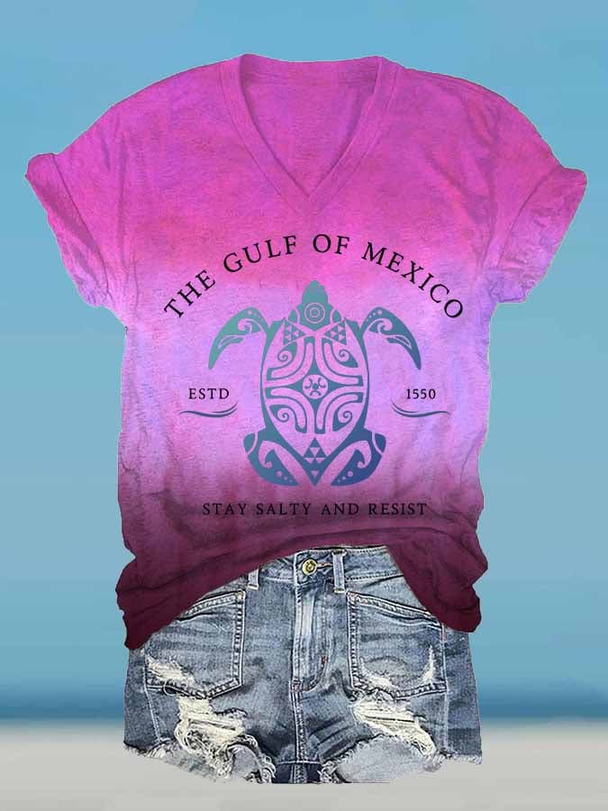 Women's Gulf Of Mexico Print V Neck T-Shirt