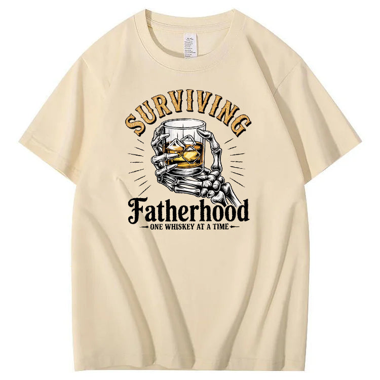 Fatherhood One Whiskey At A Time Pattern Print 100%Cotton T-Shirt