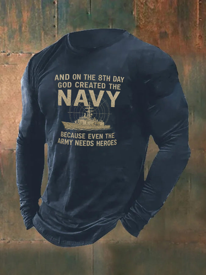 Men's Navy  Pattern Long Sleeve 100% Cotton T-Shirt