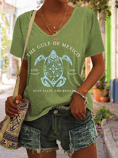 Women's Gulf Of Mexico Print V Neck Casual T-Shirt